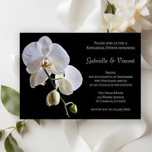 Invitation Fleur d'orchidée blanche Mariage noir dîner de rép