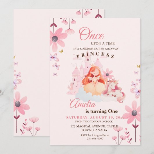 Invitation Fleur du Château de la Petite Princesse Anniversai (Devant / Derrière)