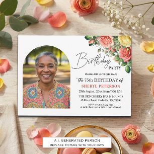 Invitation Fleur Élégante avec Photo Fête des 75 Ans