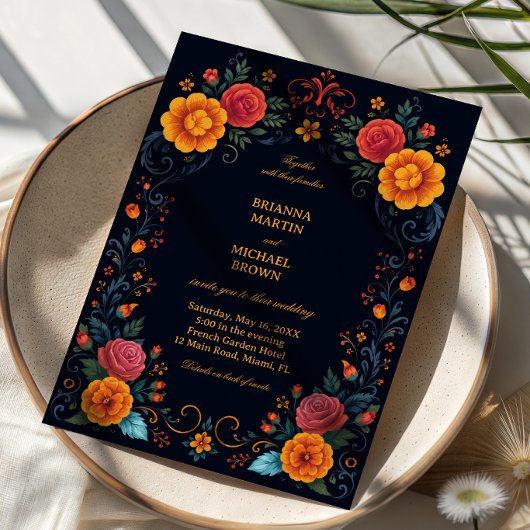 Invitation Fleur Élégante Folk Vintage