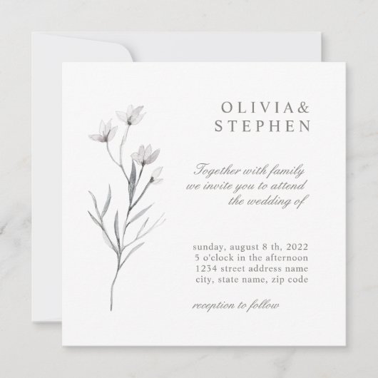 Invitation Fleur élégante. Mariage noir blanc simple (Devant)