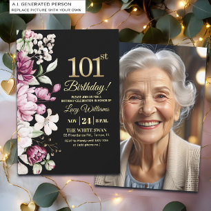 Invitation Fleur Élégante Or 101 Anniversaire Photo
