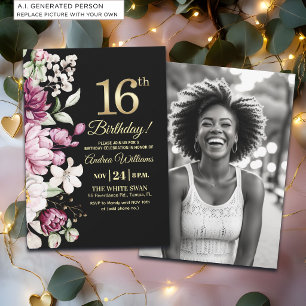Invitation Fleur Élégante Or 16 Photo Anniversaire