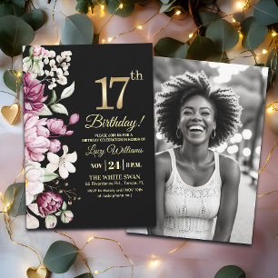Invitation Fleur Élégante Or 17 Anniversaire Photo