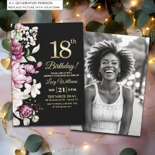 Invitation Fleur Élégante Or 18 Anniversaire Photo
