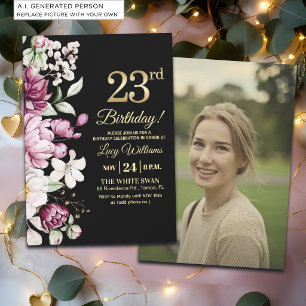 Invitation Fleur Élégante Or 23 Anniversaire Photo