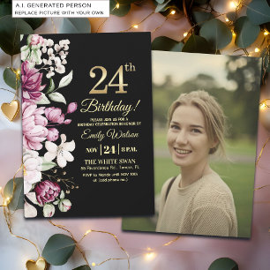 Invitation Fleur Élégante Or 24 Anniversaire Photo