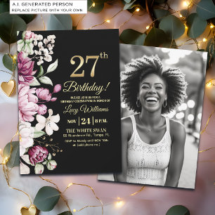 Invitation Fleur Élégante Or 27 Anniversaire Photo
