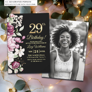 Invitation Fleur Élégante Or 29 Photo d'Anniversaire