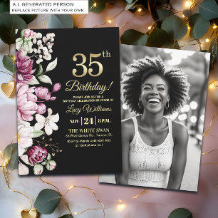 Invitation Fleur Élégante Or 35 Photo Anniversaire