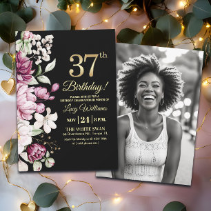 Invitation Fleur Élégante Or 37 Photo d'Anniversaire