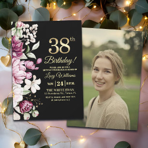 Invitation Fleur Élégante Or 38 Photo d'anniversaire