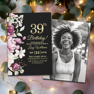 Invitation Fleur Élégante Or 39 Photo d'anniversaire