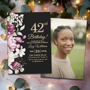 Invitation Fleur Élégante Or 42 Photo d'anniversaire