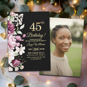 Invitation Fleur Élégante Or 45 Anniversaire Photo