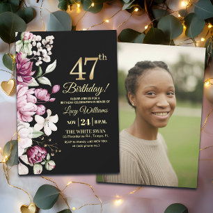 Invitation Fleur Élégante Or 47 Photo Anniversaire