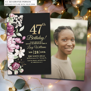 Invitation Fleur Élégante Or 47 Photo Anniversaire