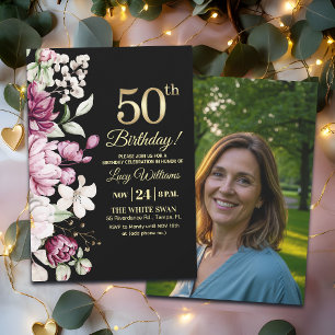 Invitation Fleur Élégante Or 50 Anniversaire Photo