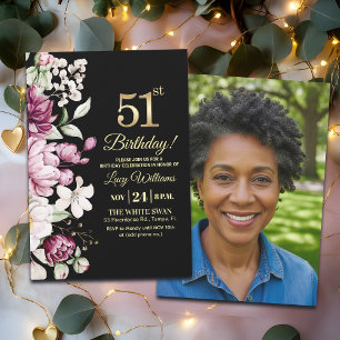 Invitation Fleur Élégante Or 51 Anniversaire Photo