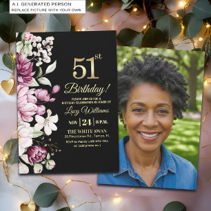 Invitation Fleur Élégante Or 51 Anniversaire Photo