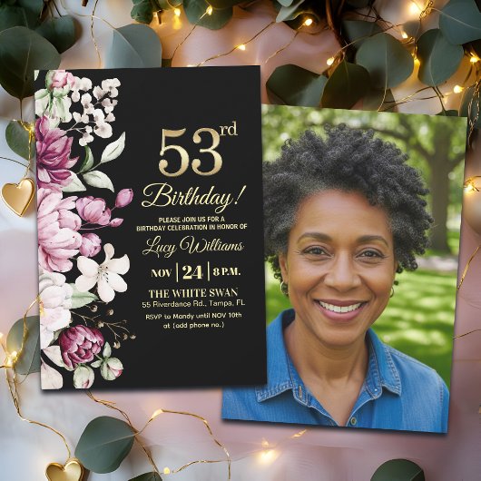 Invitation Fleur Élégante Or 53 Anniversaire Photo