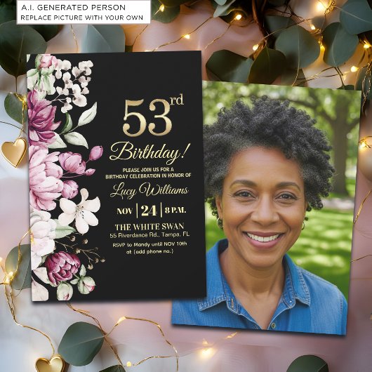Invitation Fleur Élégante Or 53 Anniversaire Photo