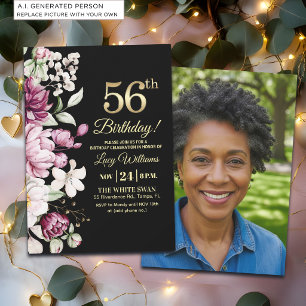 Invitation Fleur Élégante Or 56 Photo d'Anniversaire
