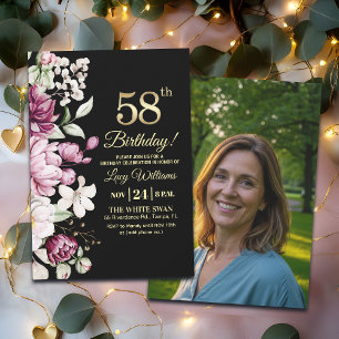 Invitation Fleur Élégante Or 58 Anniversaire Photo