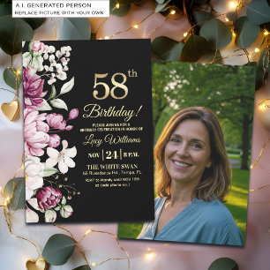 Invitation Fleur Élégante Or 58 Anniversaire Photo