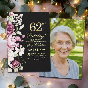 Invitation Fleur Élégante Or 62 Anniversaire Photo