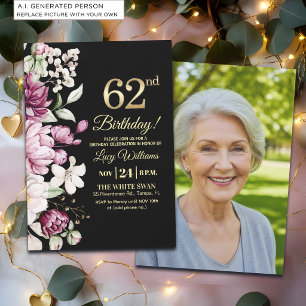 Invitation Fleur Élégante Or 62 Anniversaire Photo