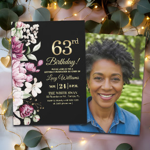 Invitation Fleur Élégante Or 63 Anniversaire Photo