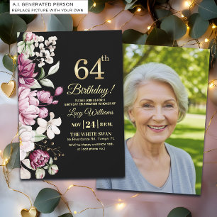 Invitation Fleur Élégante Or 64 Photo d'anniversaire
