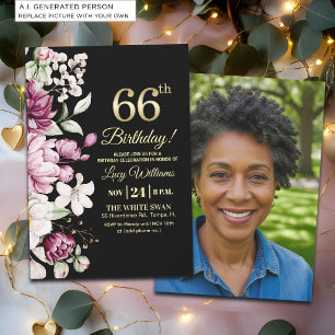 Invitation Fleur Élégante Or 66 Anniversaire Photo