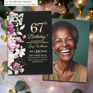 Invitation Fleur Élégante Or 67 Photo Anniversaire