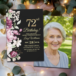 Invitation Fleur Élégante Or 72 Photo d'Anniversaire