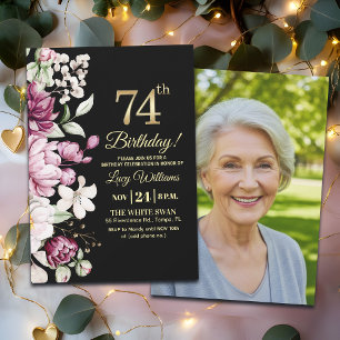 Invitation Fleur Élégante Or 74 Photo d'Anniversaire