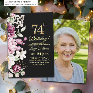 Invitation Fleur Élégante Or 74 Photo d'Anniversaire