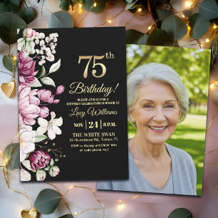 Invitation Fleur Élégante Or 75 Photo Anniversaire