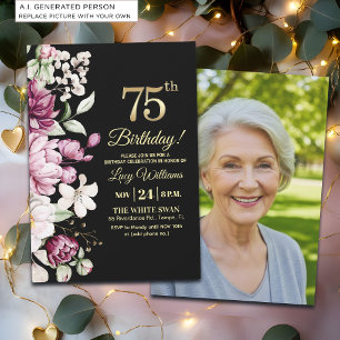 Invitation Fleur Élégante Or 75 Photo Anniversaire