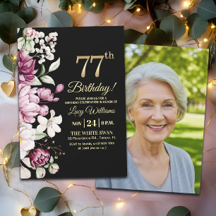Invitation Fleur Élégante Or 77 Photo d'anniversaire