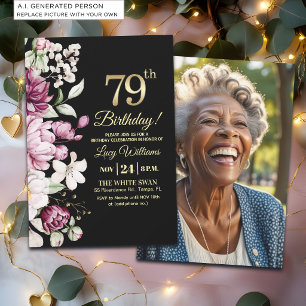 Invitation Fleur Élégante Or 79 Photo Anniversaire