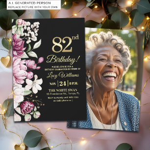 Invitation Fleur Élégante Or 82 Photo Anniversaire