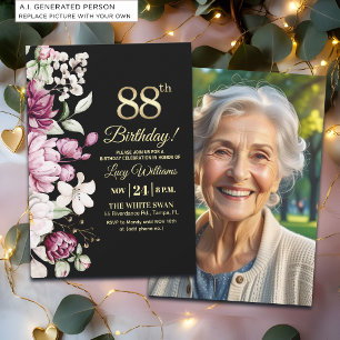 Invitation Fleur Élégante Or 88 Photo Anniversaire