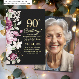 Invitation Fleur Élégante Or 90 Anniversaire Photo