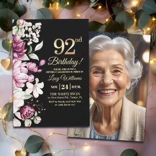 Invitation Fleur Élégante Or 92 Photo d'Anniversaire