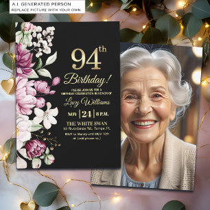 Invitation Fleur Élégante Or 94 Photo Anniversaire