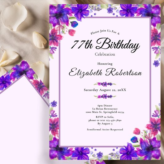 Invitation Fleur Élégante Violette 77e Anniversaire