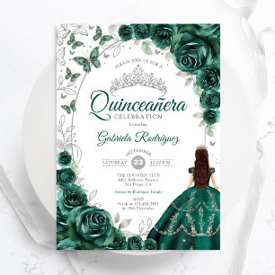 Invitation Fleur Émeraude Verte Argent Quinceanera