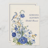 Invitation Fleur et oiseau bleus vintage (Devant / Derrière)